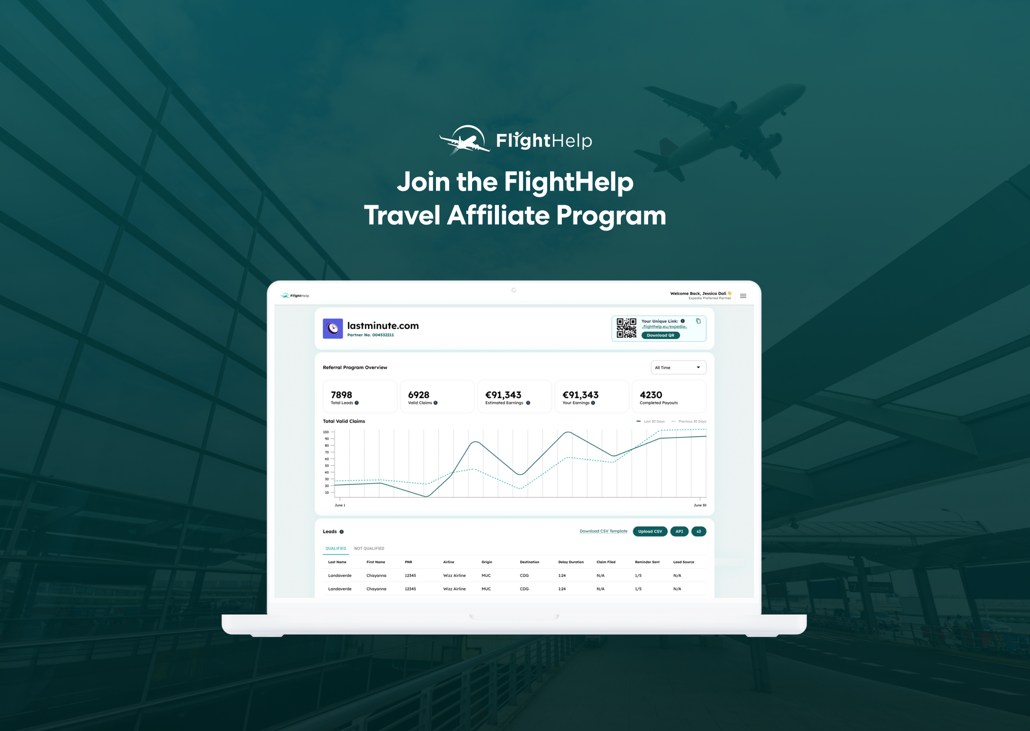 FlightHelp Travel Affiliate Program webpage on a laptop screen with referral statistics, a graph of valid claims, and a leads table, set against a background of an airport terminal and a flying airplane.