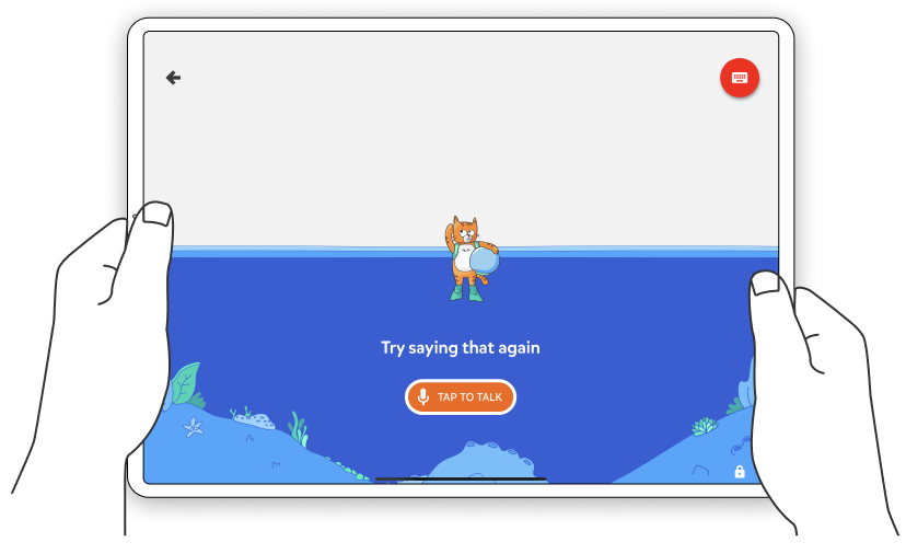 Ink outline hands holding a tablet showing YouTube Kids app voice search animation