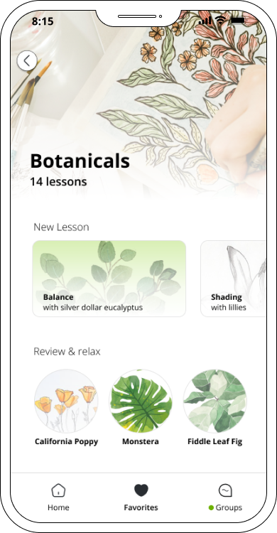 Concept image of a mobile app showing a botanical drawing course