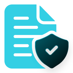 Blue document icon with a shield containing a checkmark symbolizing compliance or security.