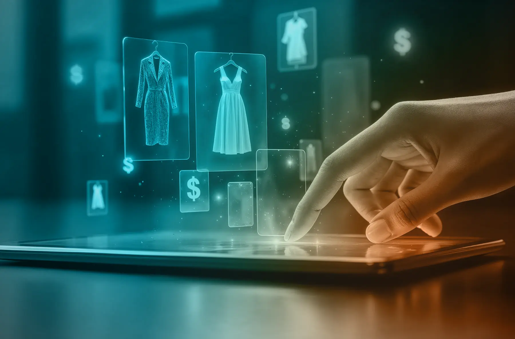 Hand interacting with a tablet screen displaying digital icons of dresses and dollar signs representing online shopping.