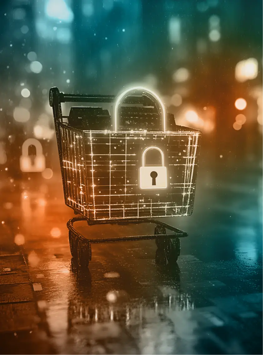 Shopping cart with illuminated digital padlock symbolizing secure online shopping under dim blue and orange lighting.