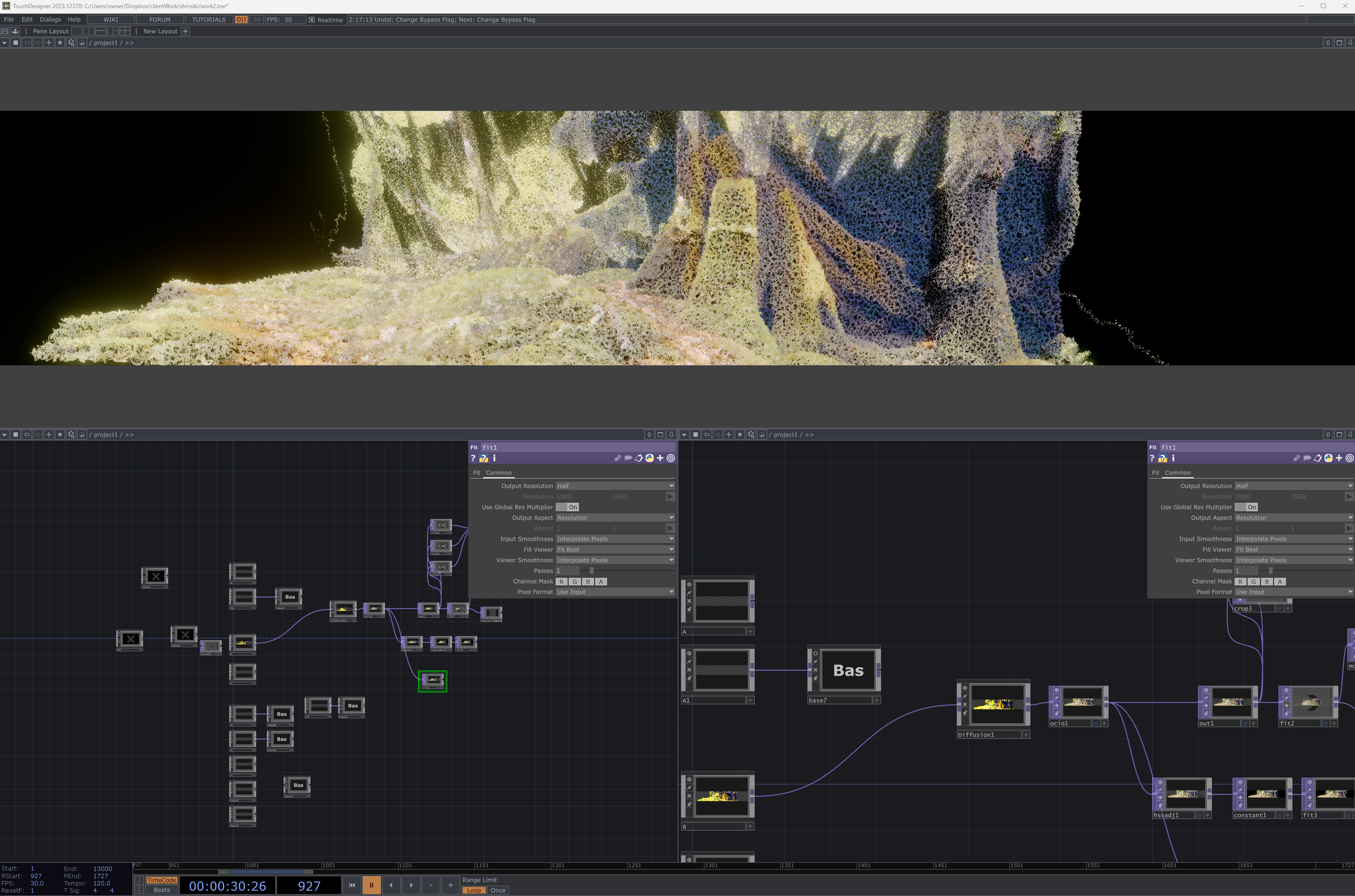 A computer screen displays a 3D landscape visualization at the top and node-based workflow panels in a visual programming interface at the bottom.