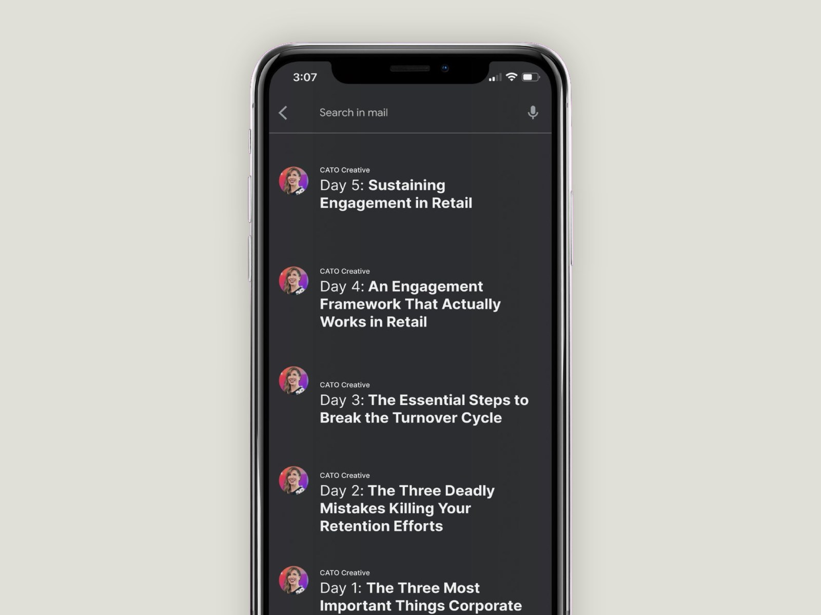 A phone inbox showing the five daily emails from the 5 Days to Better Retail Engagement course