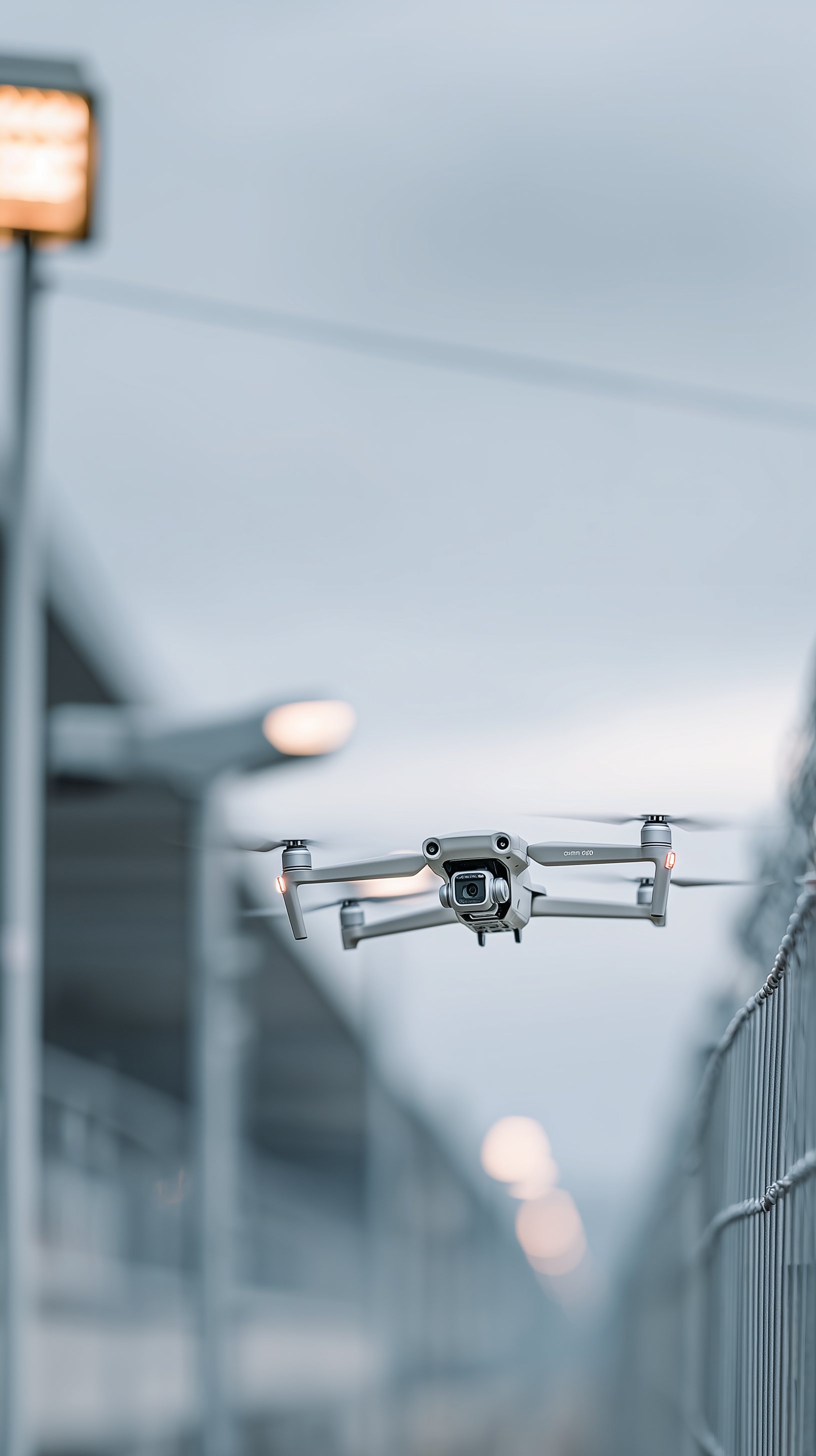 Autonome Drohne im Patrouillenflug ueber industriellem Perimeter