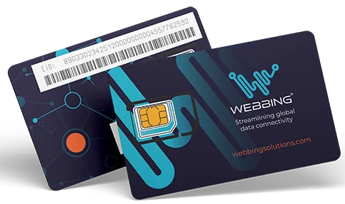 Two dark blue IoT SIM cards from Webbing with a chip and barcode visible, highlighting global data connectivity.