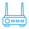 Blue icon of a wireless router with two antennas and indicator lights.