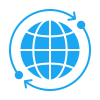 Blue globe with latitude and longitude lines surrounded by three curved arrows forming a circle.