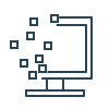 Minimalist blue outline icon of a desktop computer with scattered small squares on the screen.