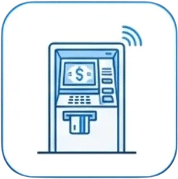 Icon of an ATM machine with a screen showing a dollar sign and a card slot, indicating cash withdrawal.