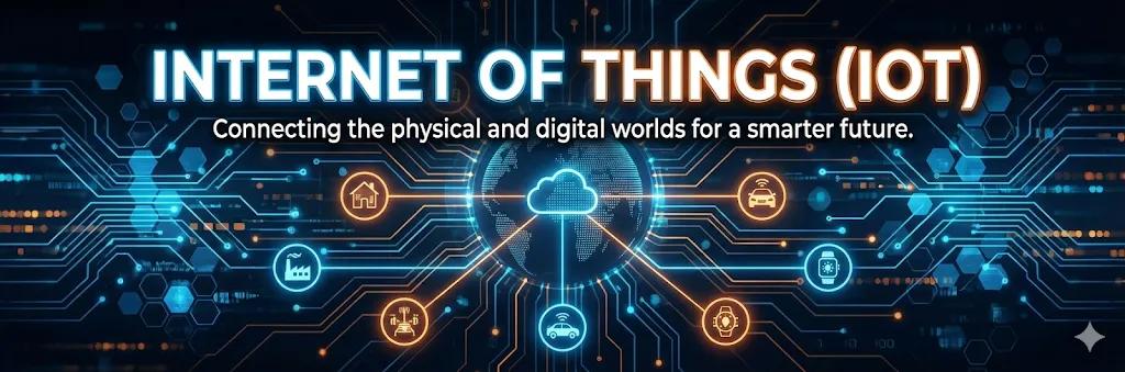 Digital graphic with text 'Internet of Things (IoT) Connecting the physical and digital worlds for a smarter future,' showing connected icons of smart home, factory, car, and wearable devices.