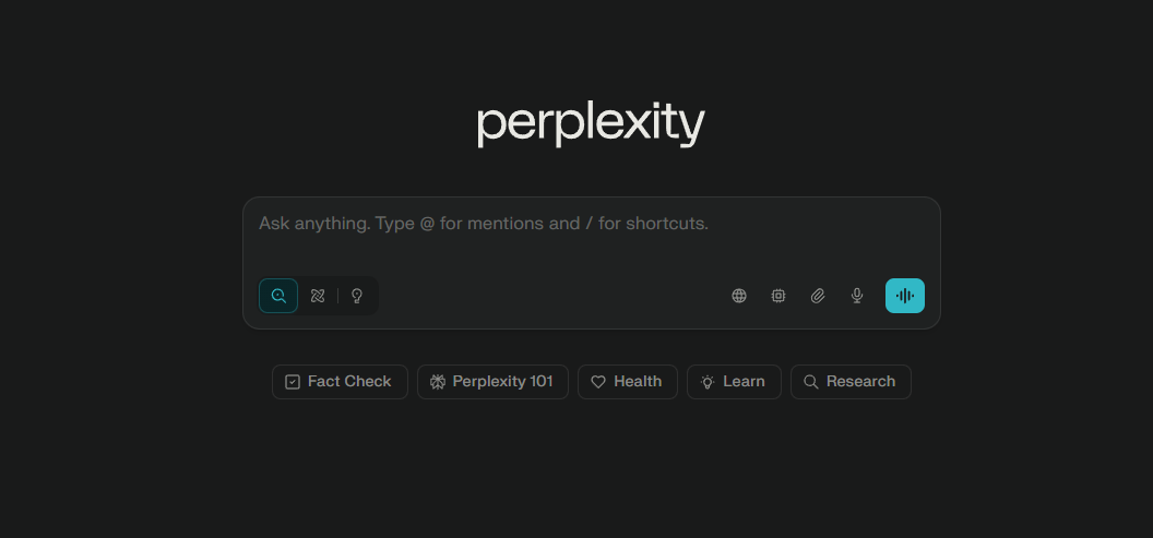 Página de inicio de Perplexity AI
