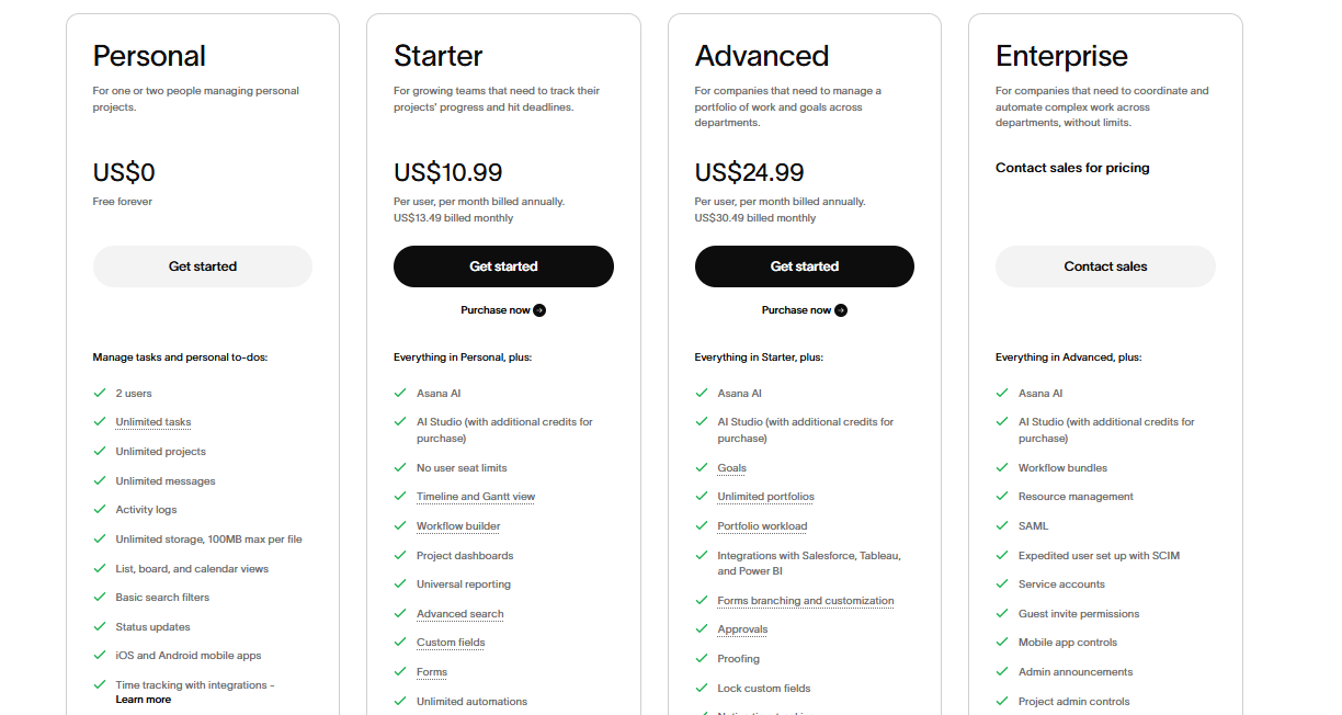 Asana AI Pricing