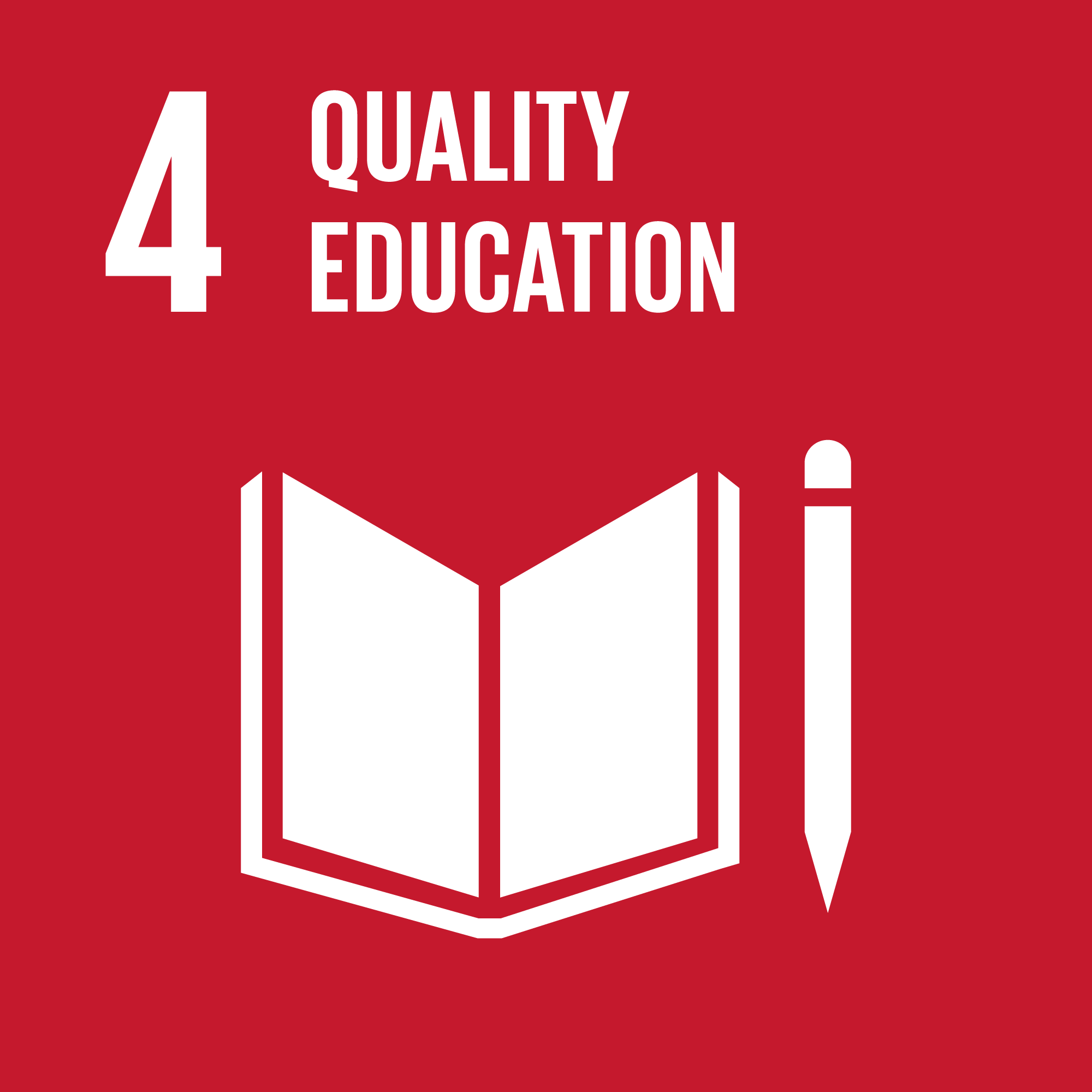 Icon representing Sustainable Development Goal 4: Quality Education, featuring an open book and a pencil on a red background.