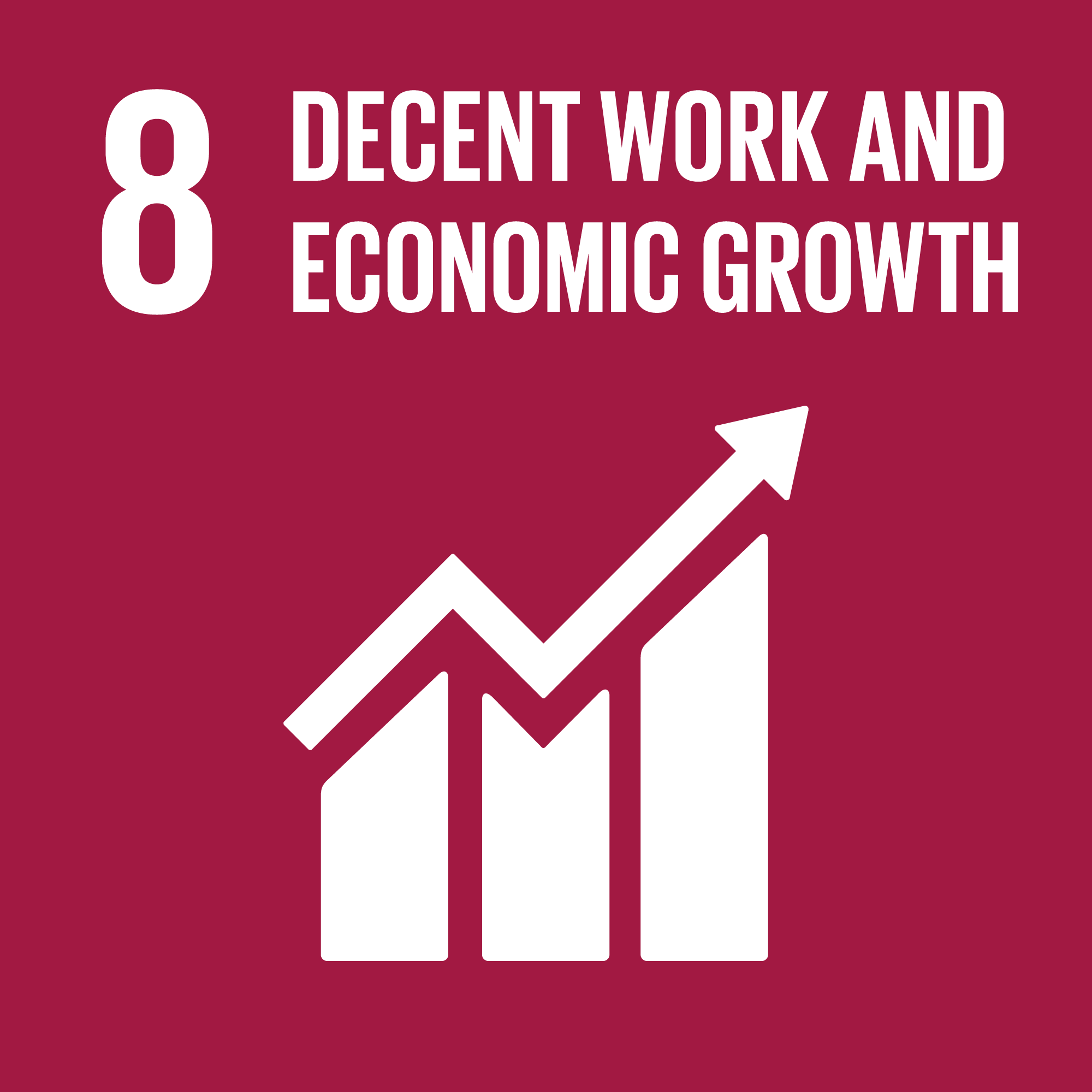 UN sustainablility goal nr 8. Icon showing a rising bar chart with an arrow. Decent Work and Economic Growth on a dark red background.