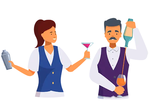 Illustration of a female bartender holding a shaker and a cocktail glass with pink drink, and a male bartender pouring an orange drink into a glass.