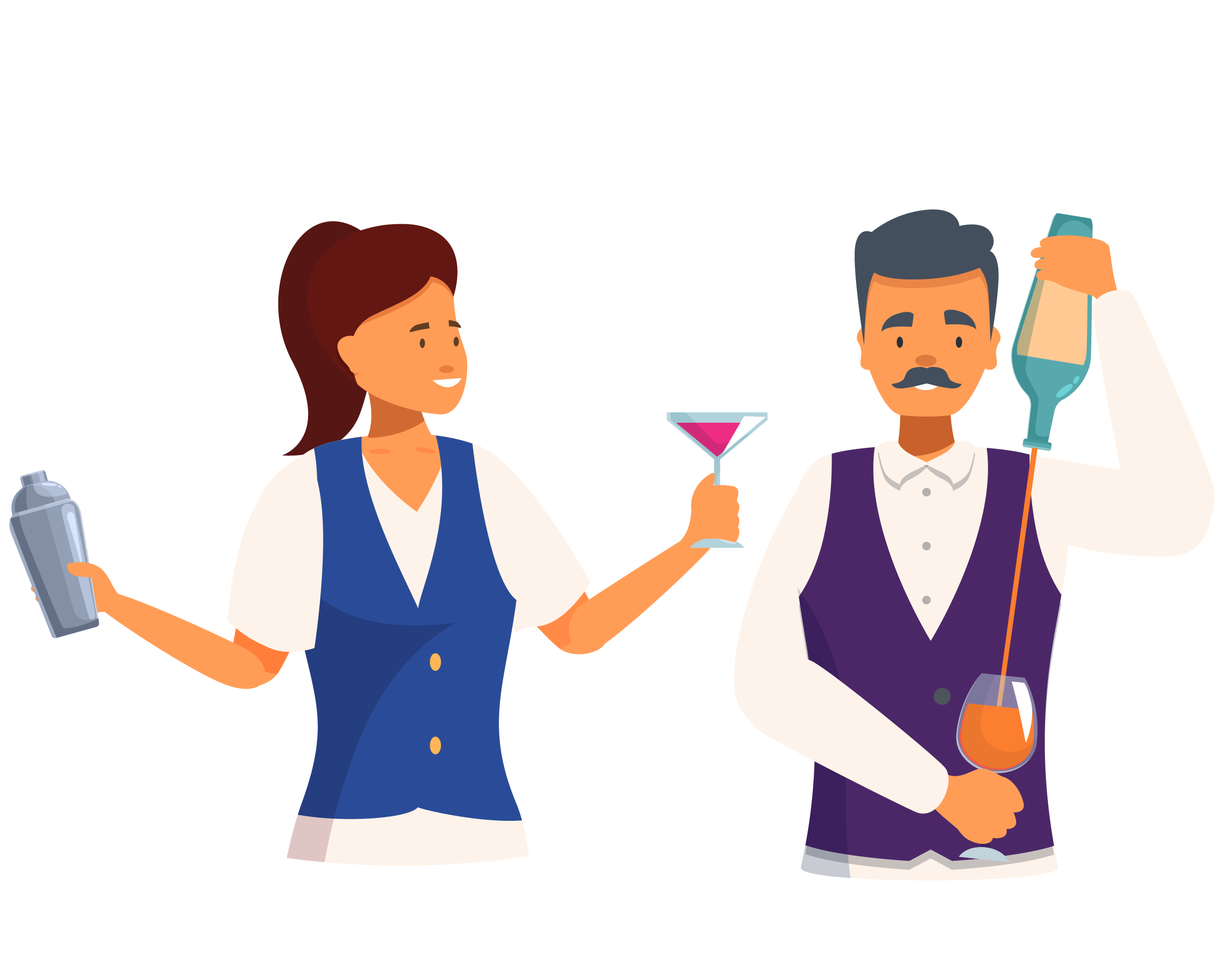 Illustration of a female bartender holding a shaker and a cocktail glass with pink drink, and a male bartender pouring an orange drink into a glass.