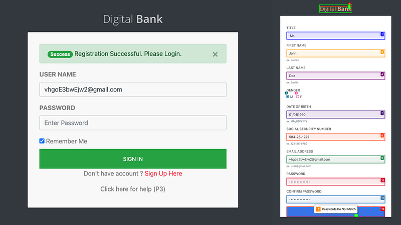Left: The Harness AI Test Automation solution can create and log in a new user. Right: browser-use is unable to match the passwords to create a user.