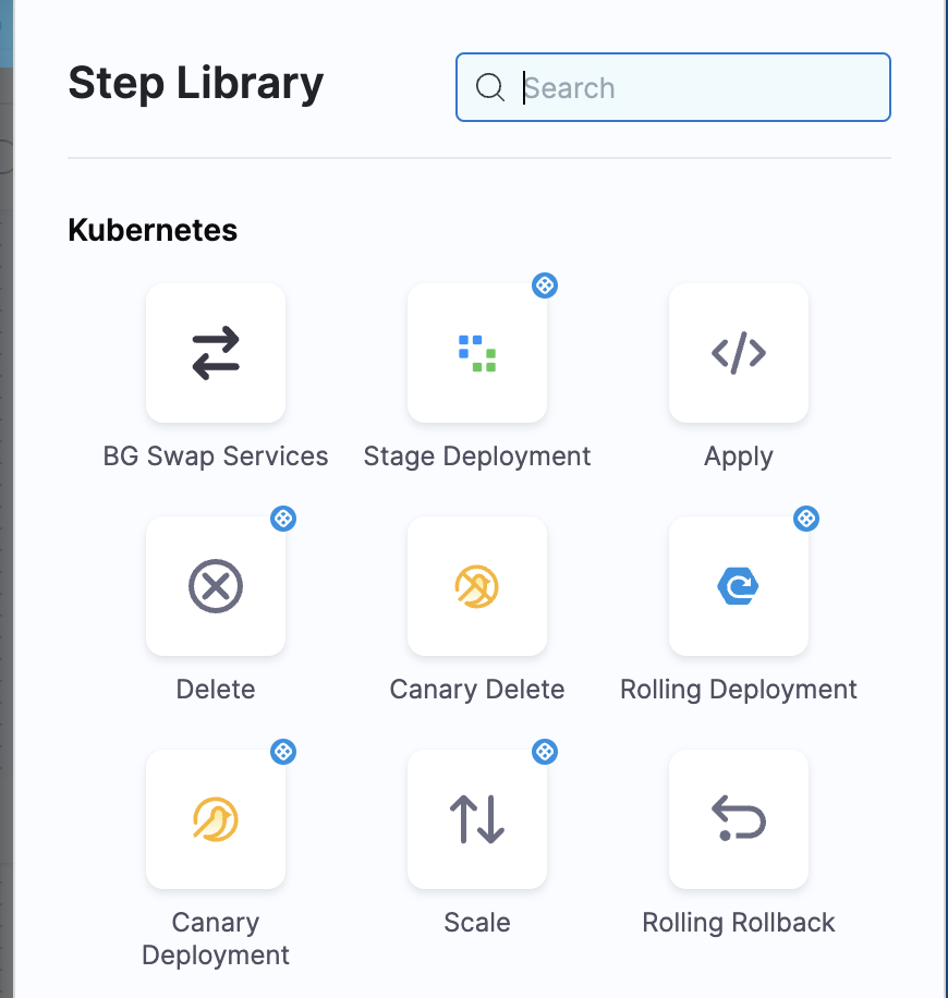 The image shows the step library in the Harness platform.