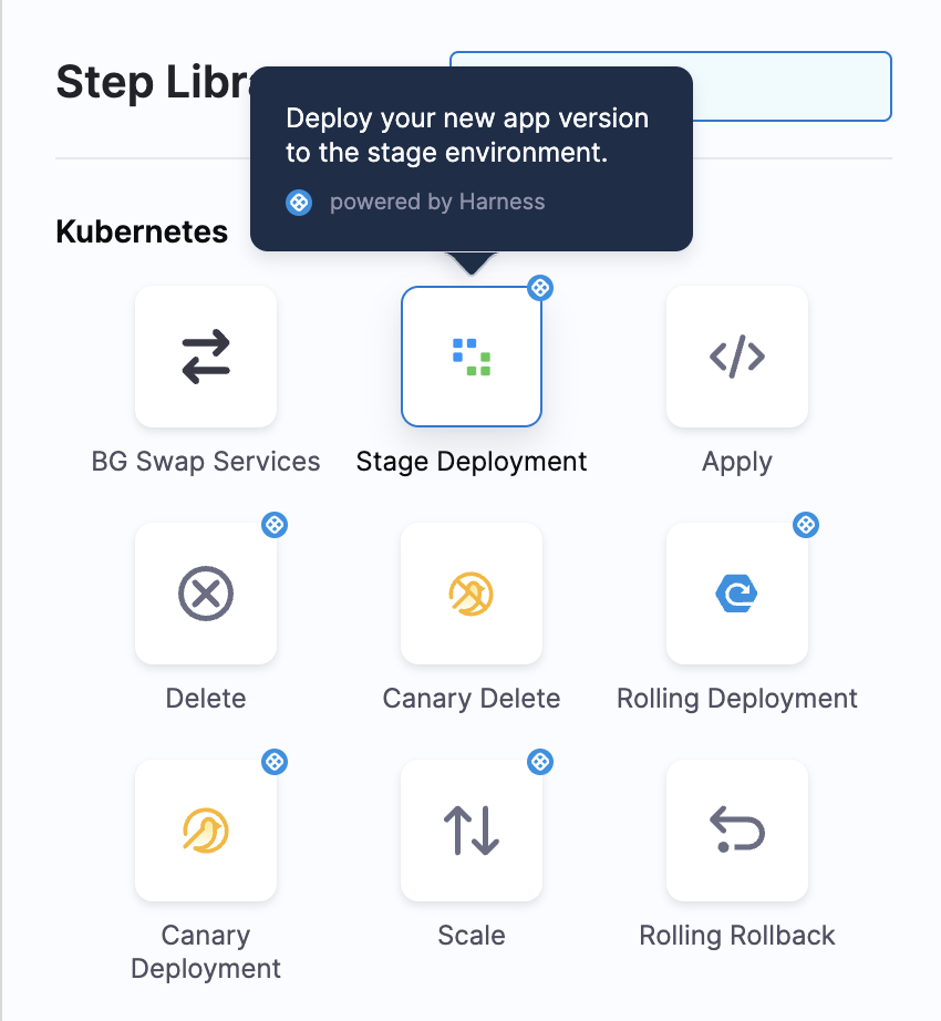 The image shows the blue/green deployment option in the Harness platform.