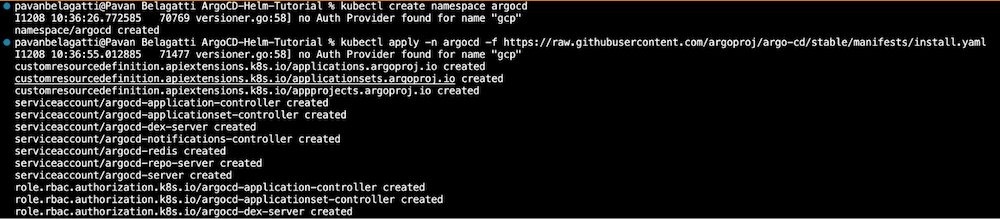 a screenshot of a developer applying the manifest file to the namespace created