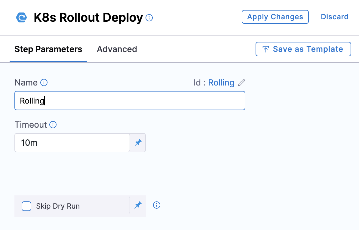 The image shows the Step Parameters of the Kubernetes rollout. 