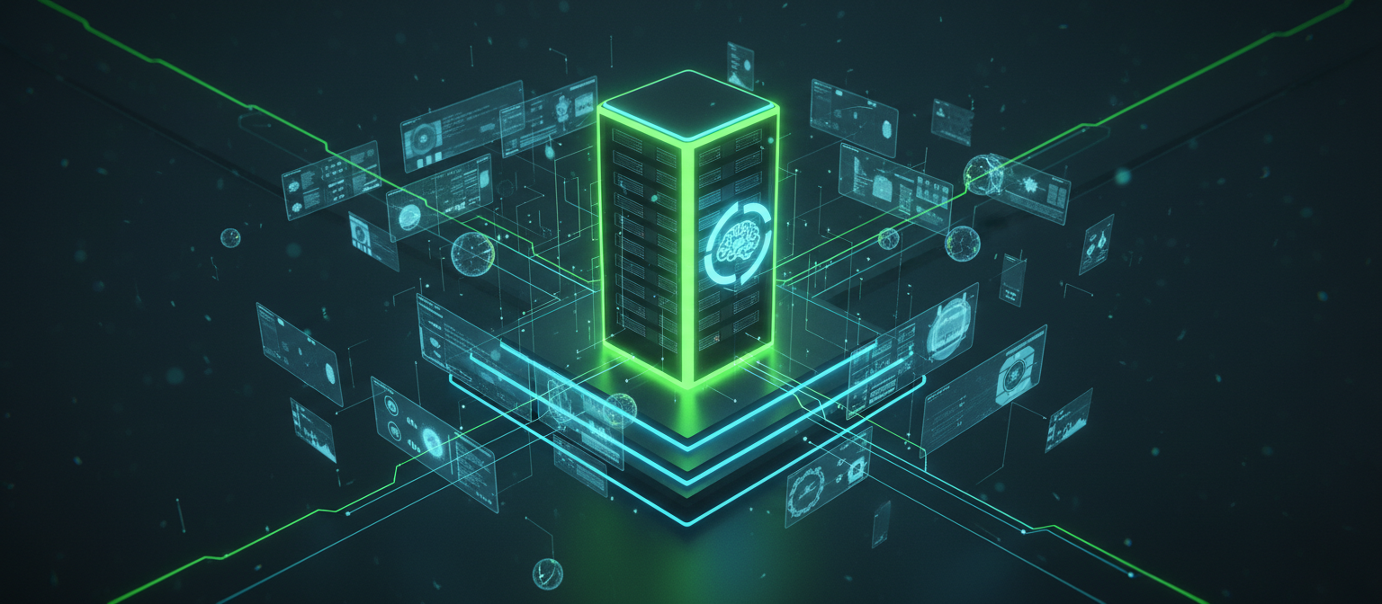 Dark, futuristic operations room with a glowing central server stack and floating dashboard panels connected by neon-green and cyan pipelines, conveying coordinated incident response and control.