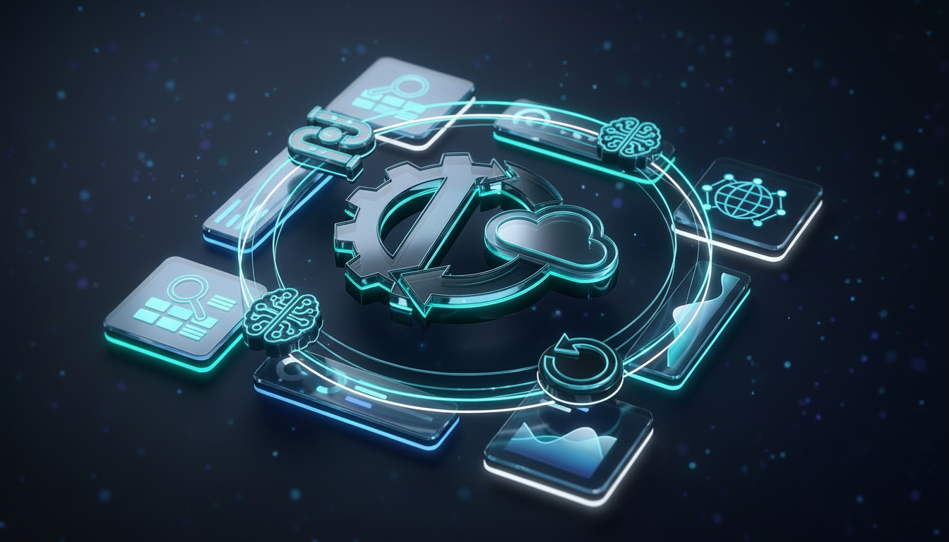 Close-up of a floating DevOps dashboard and central 3D hero icon with neon teal and white rim lighting over a dark gradient background and subtle particle depth. Smooth glossy vector elements (pipelines, AI brain, rollback loop) orbit the dashboard, creating a futuristic, high-performance tech scene.