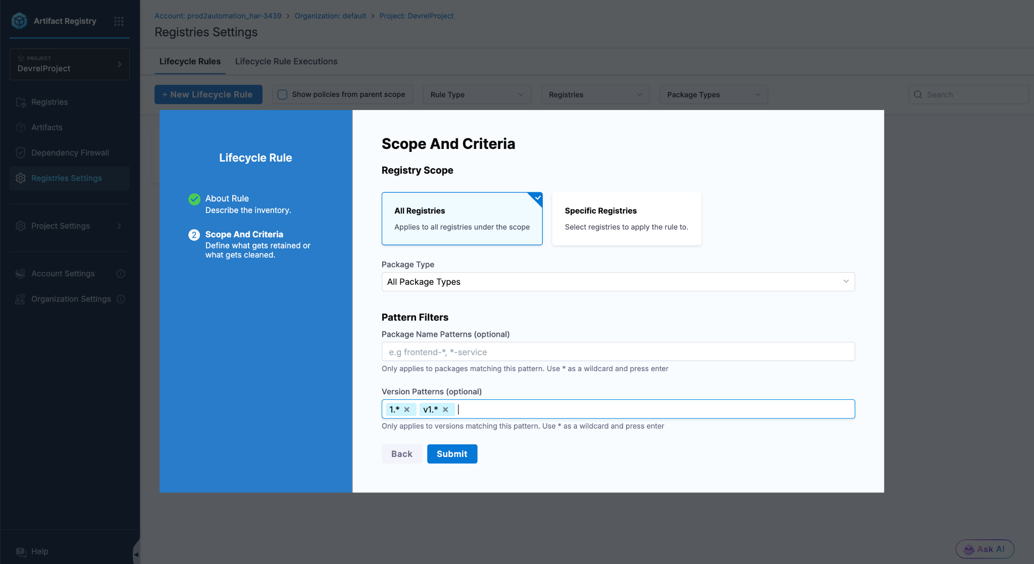 Harness Artifact Registry retention rule configuration with literal version patterns
