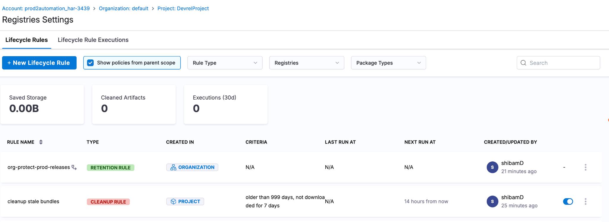 Rules list showing organization rule attached to project registries with chain icon