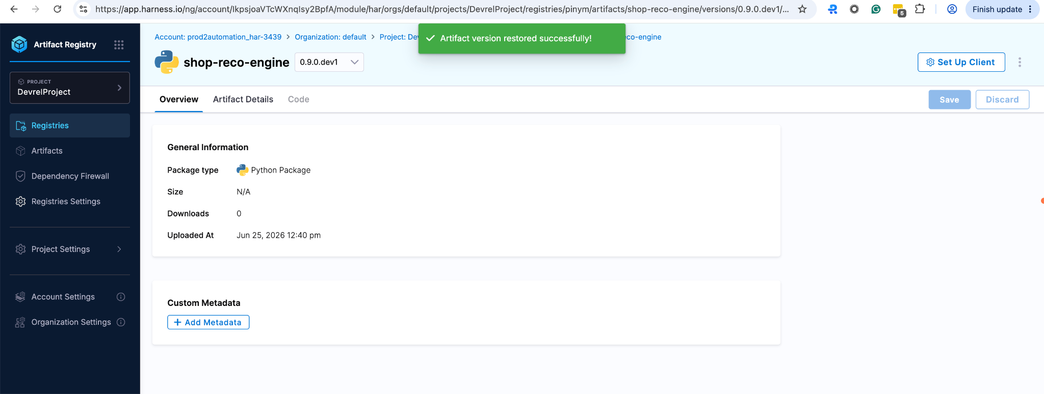 Confirmation toast showing artifact version successfully restored from soft delete