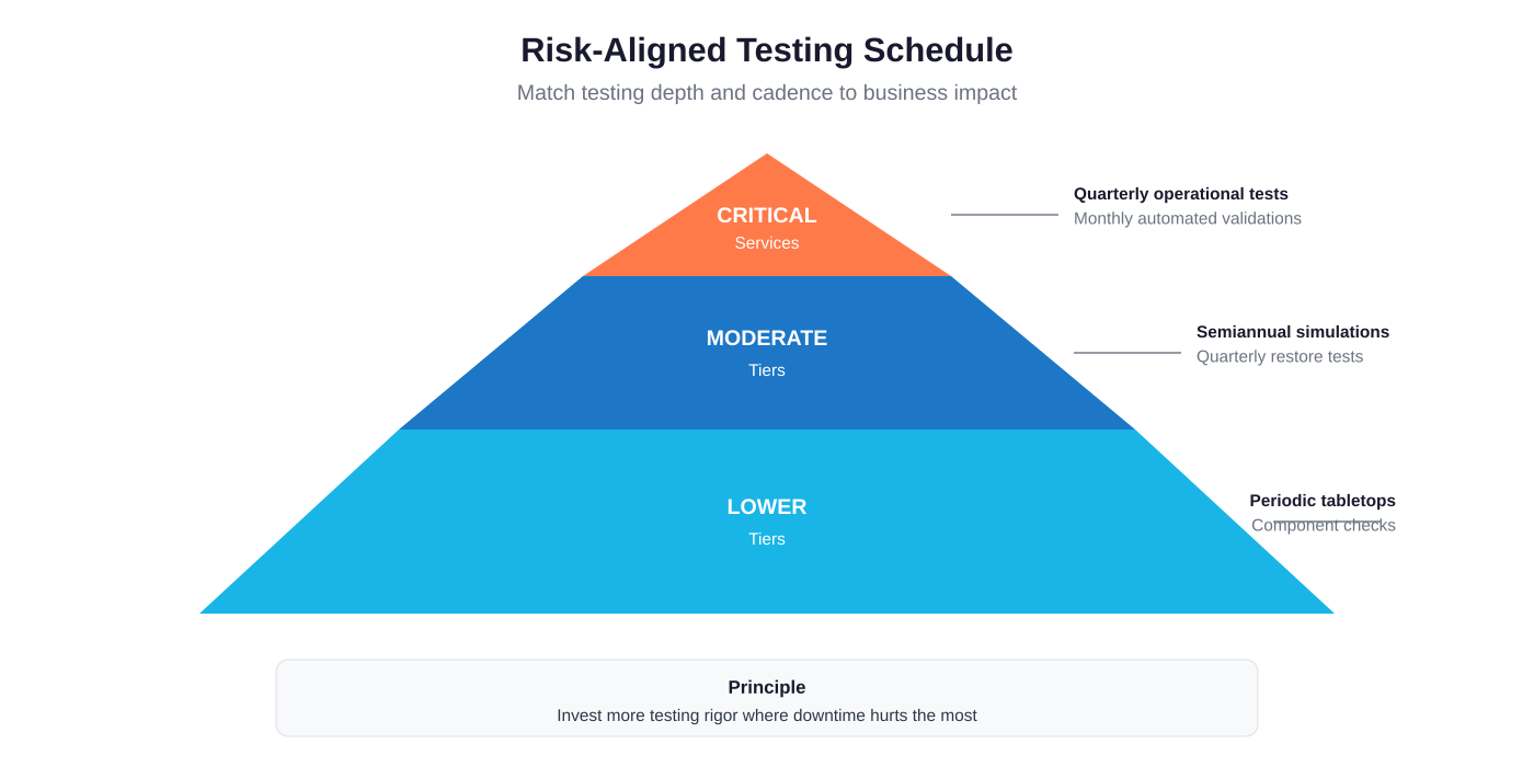 Risk-aligned testing pyramid. Higher-impact systems get more rigorous testing.