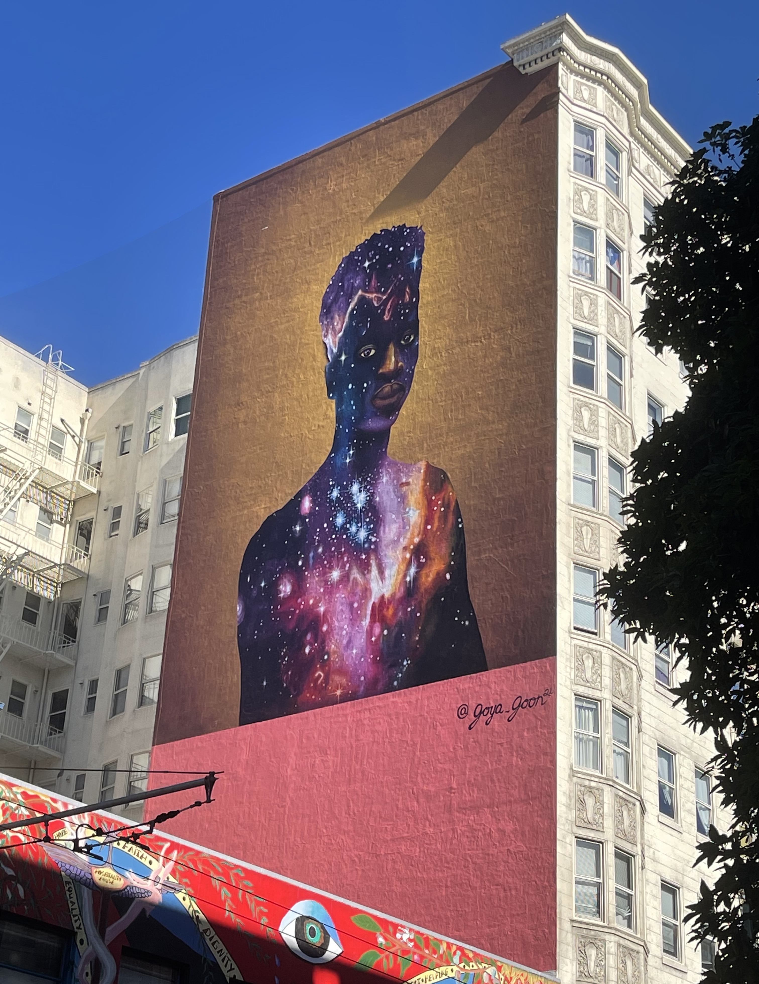 Closeup of Hoist Media large-scale mural production on San Francisco building 