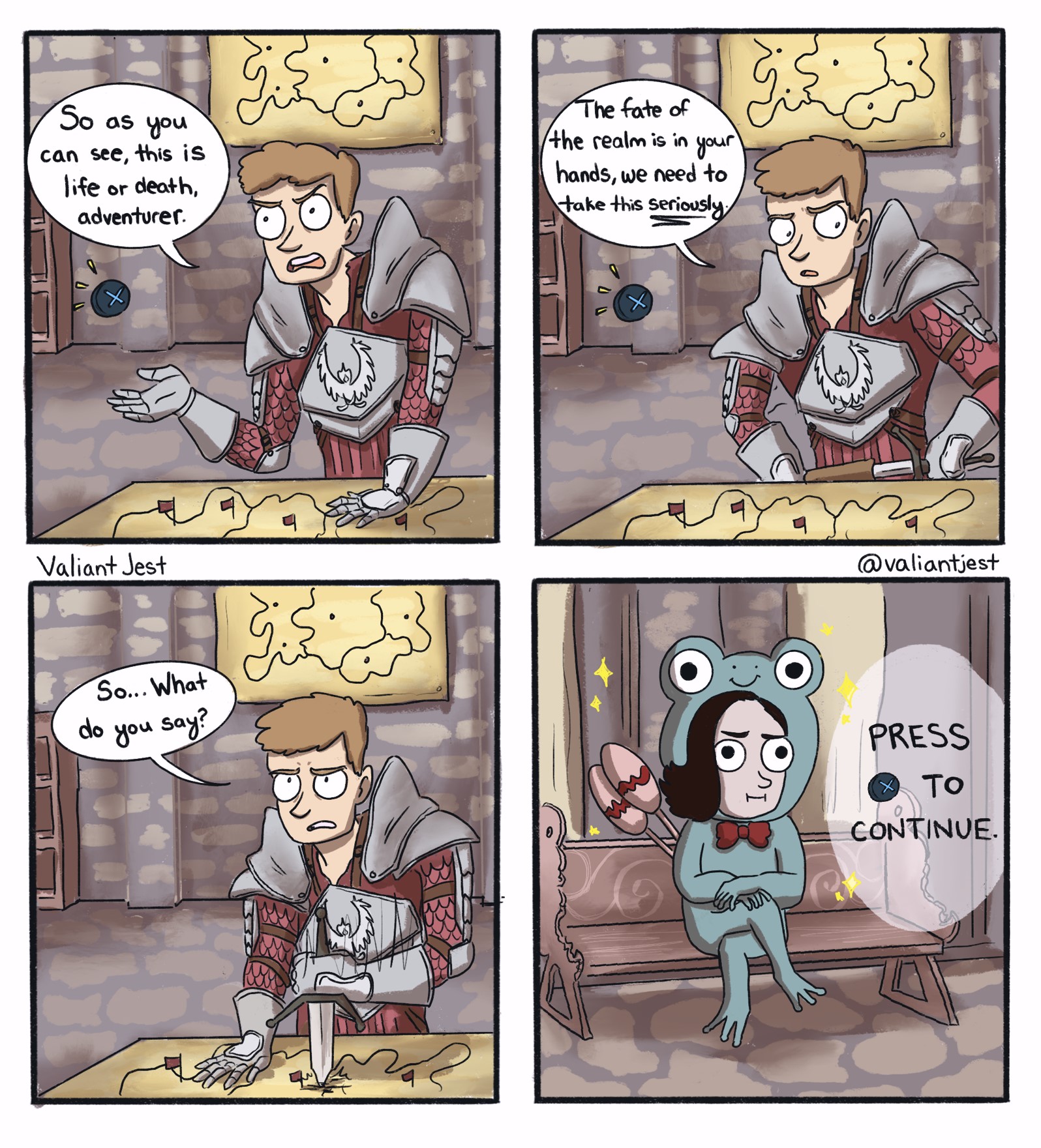 A comic of a very serious character in a video game explaining how serious the storyline is. Then it cuts away to a main character in a silly custom outfit, a frog with a bowtie and maracas. 