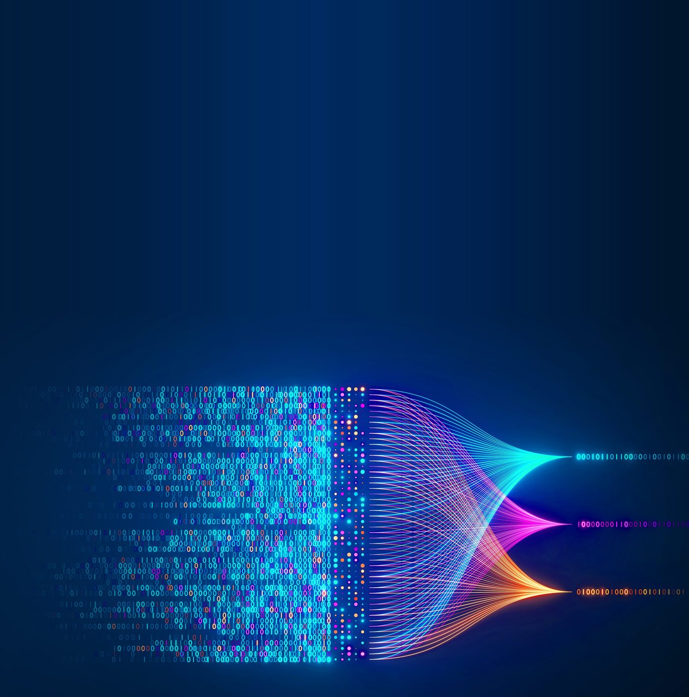 Scattered binary data funneling into three clean, colored data streams