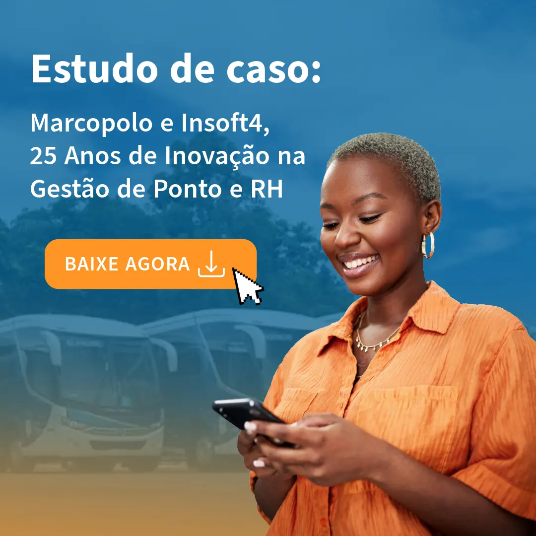Mulher sorrindo usando celular, texto sobre estudo de caso de inovação em gestão de ponto e RH.