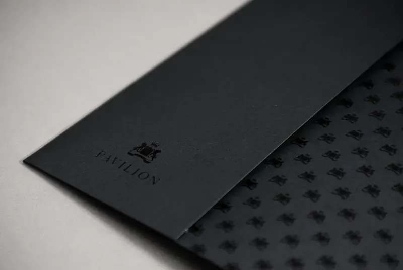 Pavilion Investment House Black on black stationary papers with icon by Edmond Huot