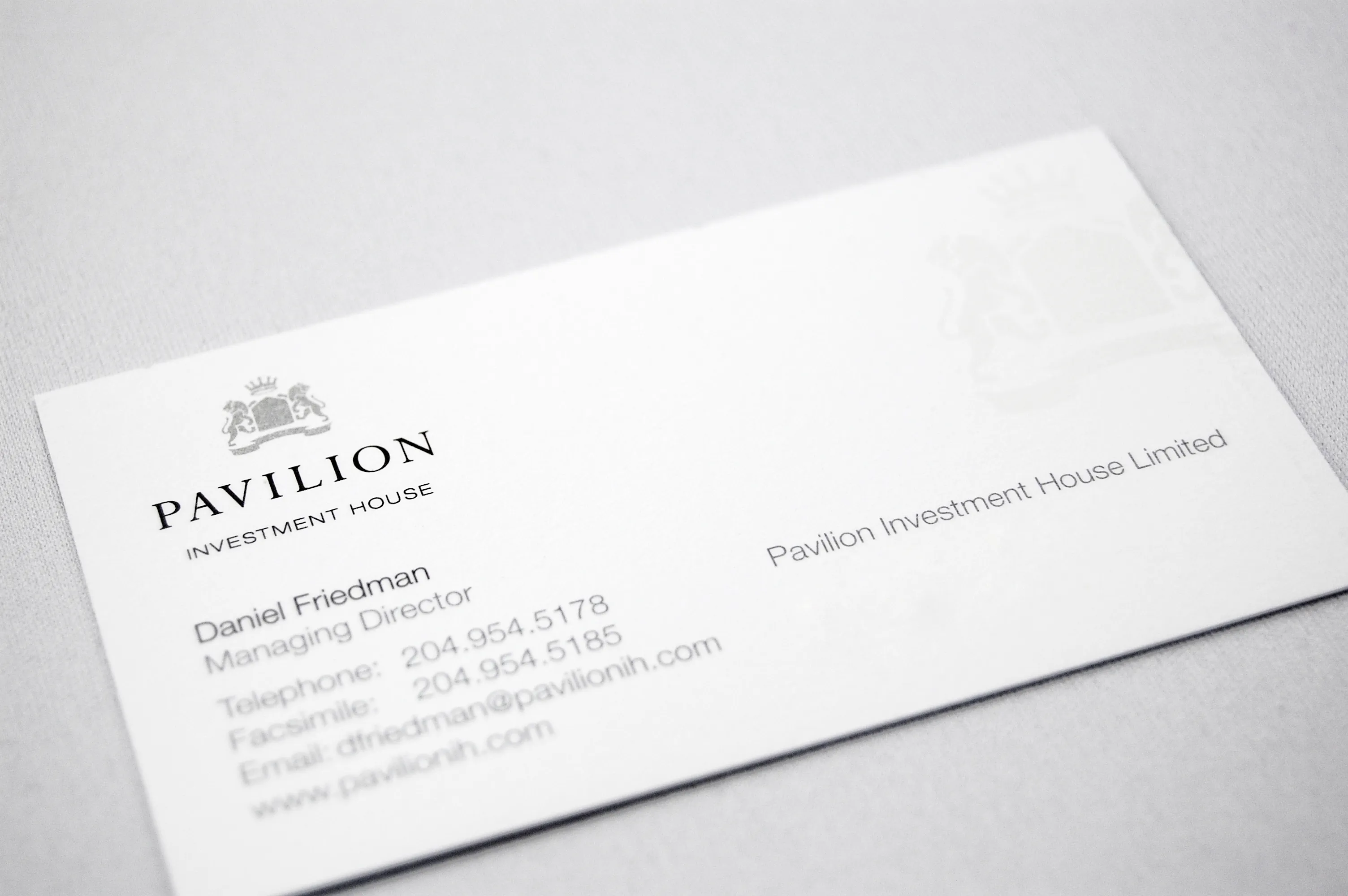 Pavilion Investment House white Business card with logo design by Edmond Huot