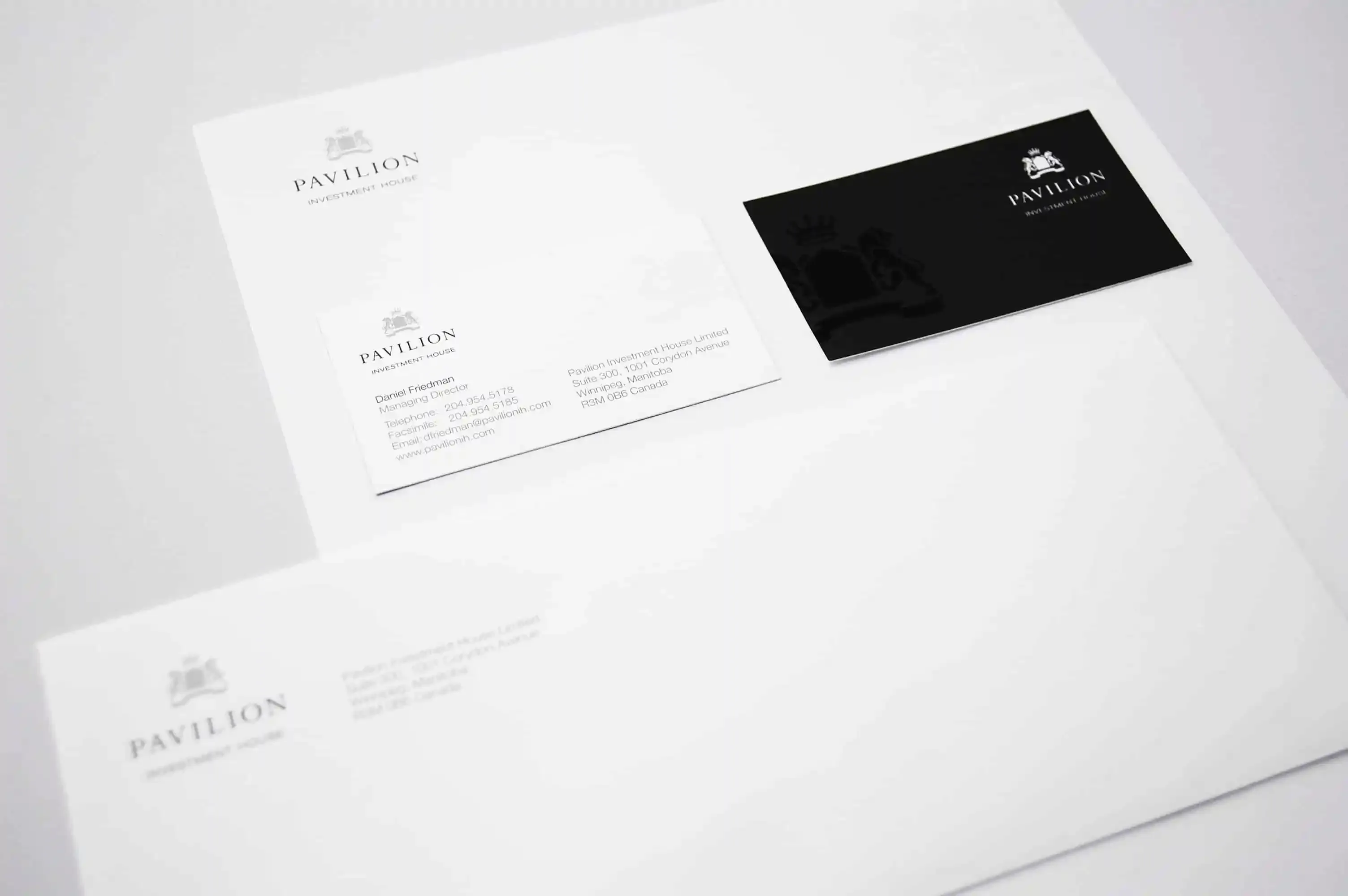 Pavilion Investment House white Stationary mailing papers with logo by Edmond Huot
