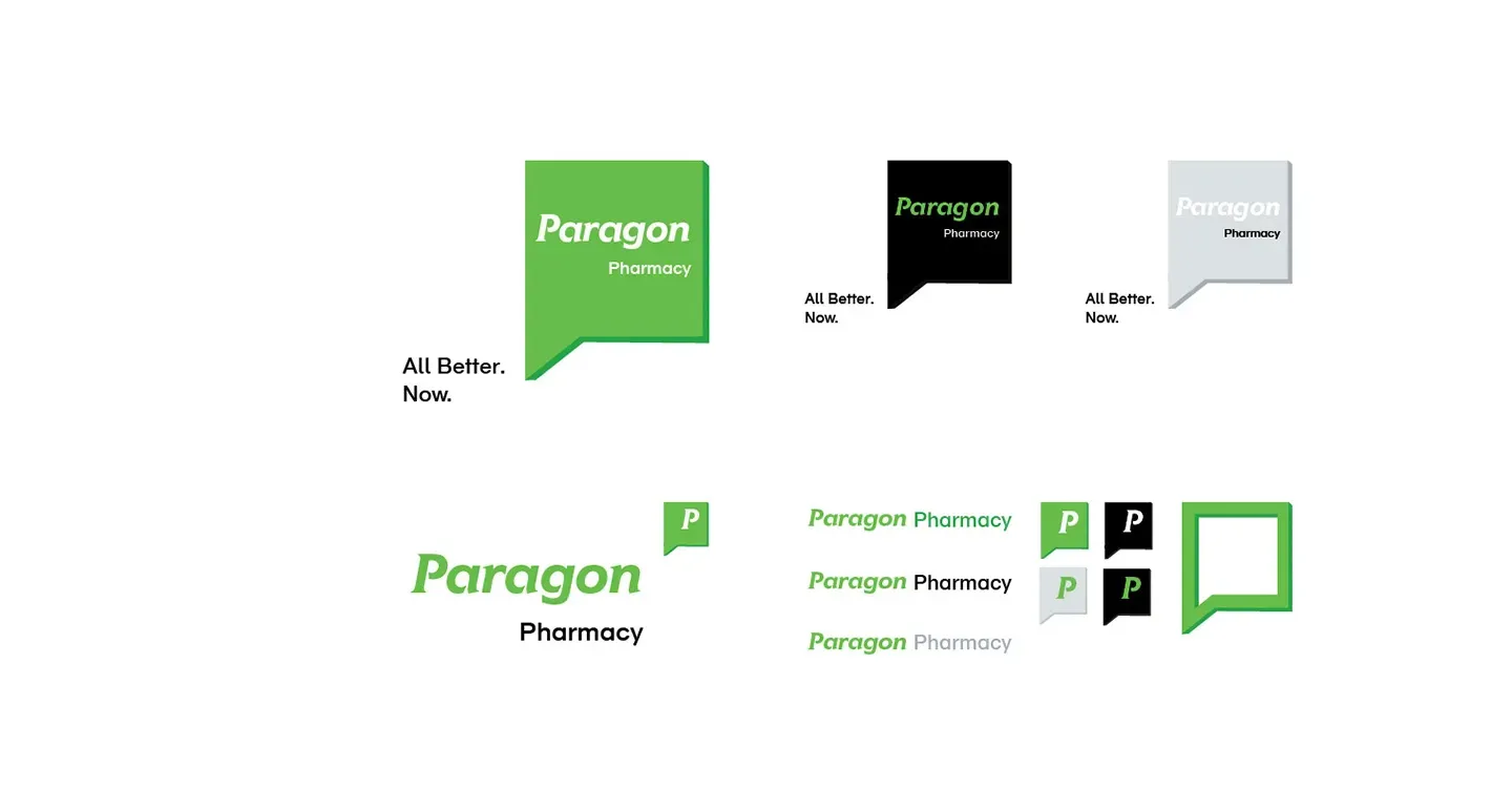 Paragon Pharmacy logo and iconography in various colors by Edmond Huot