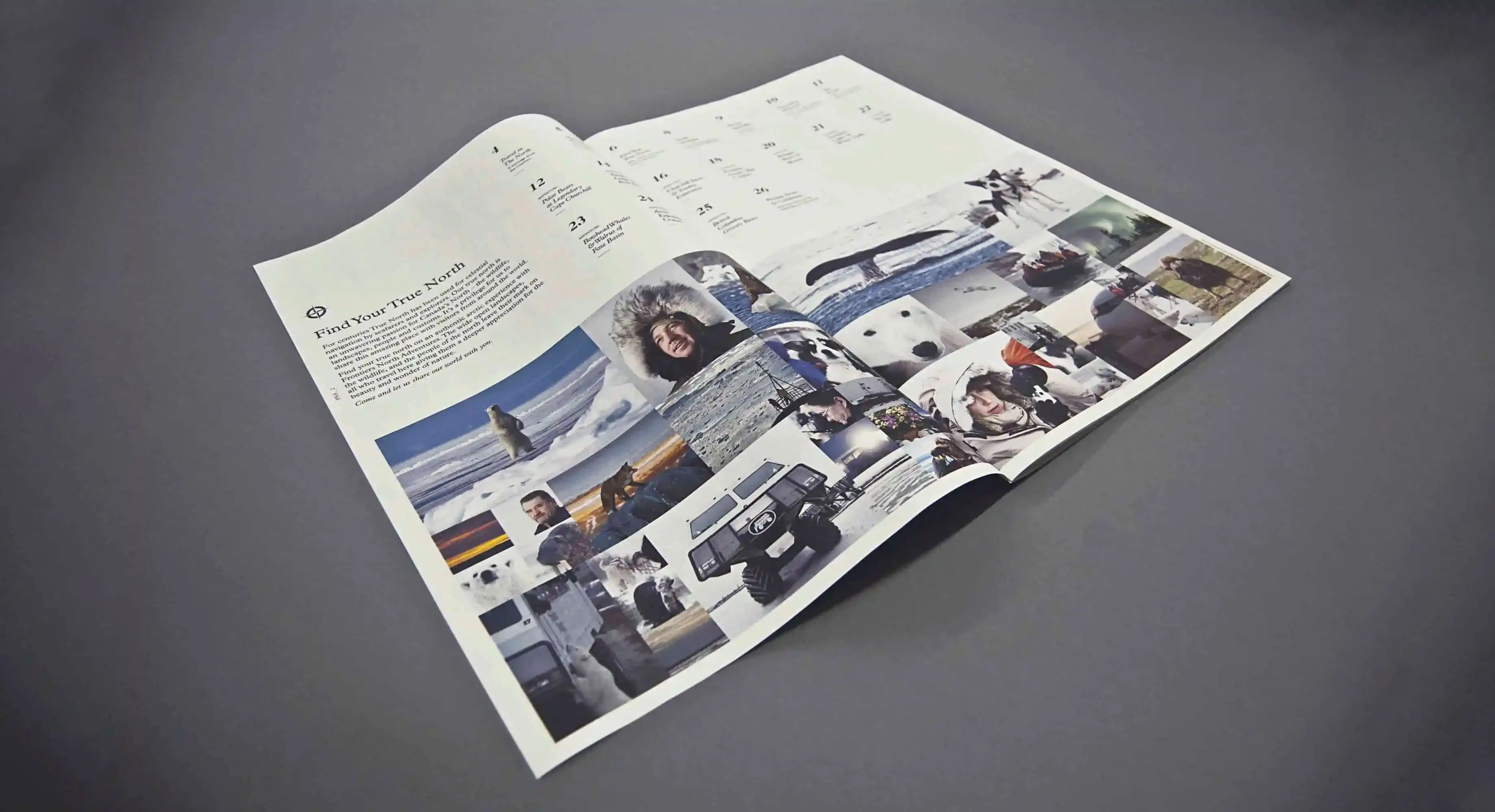 Frontiers North Adventures tilted broadsheet spread with brand imagery design by Edmond Huot