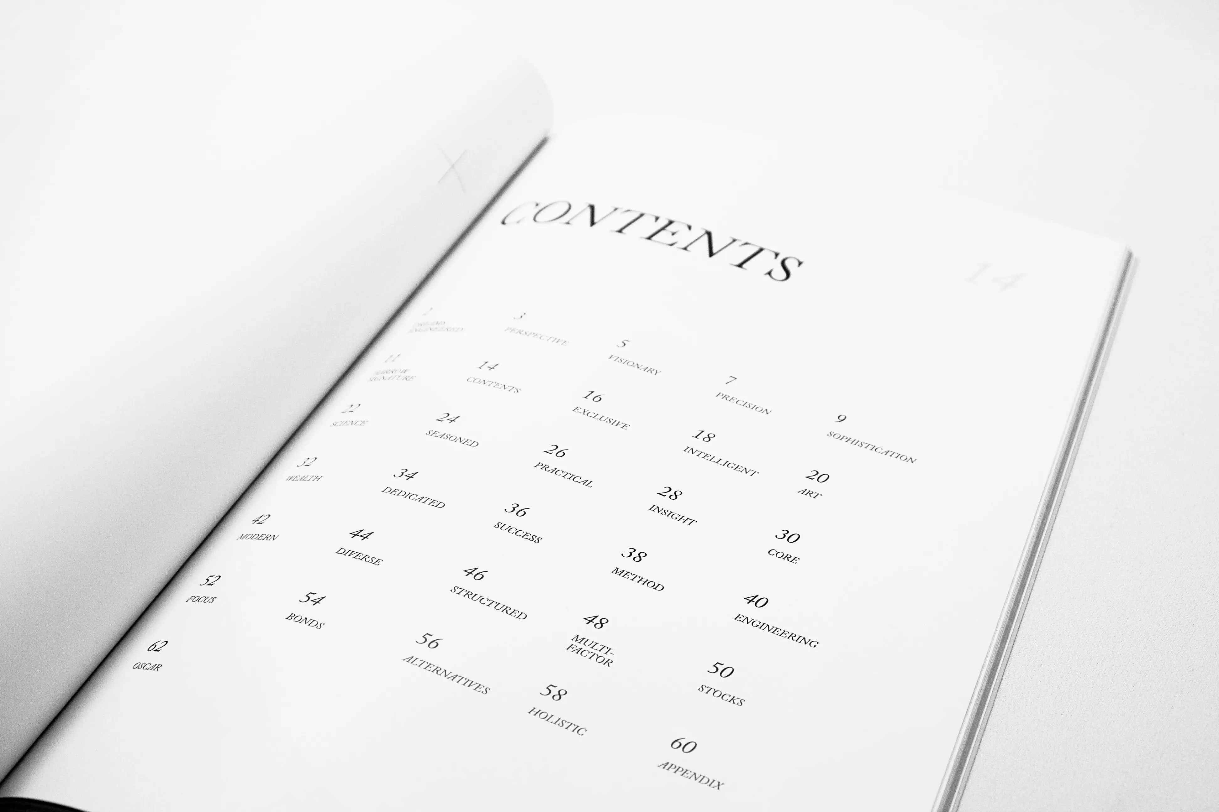 Harrow Partners Magazine table content spread design by Edmond Huot