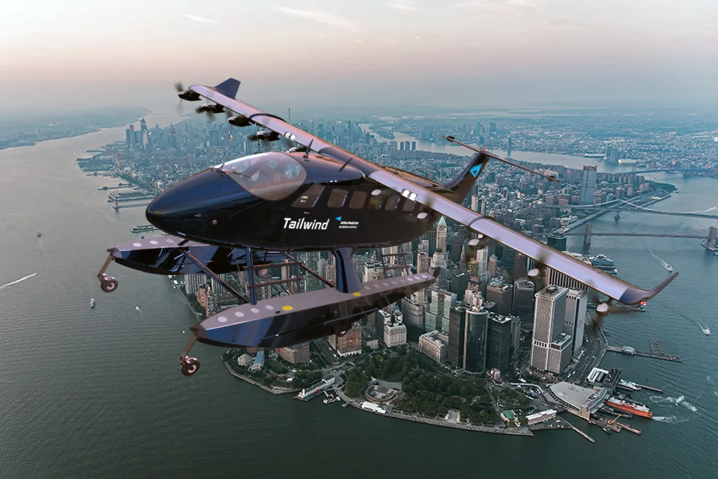 T2 seaplane over New York City Lower Manhattan Skyline by Edmond Huot