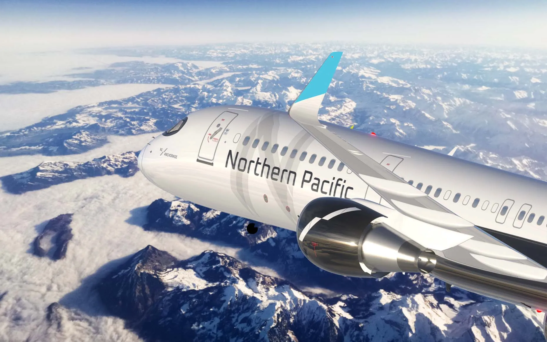 Northern Pacific Airways Aircraft Livery design over the Alaska mountains curated by Edmond Huot