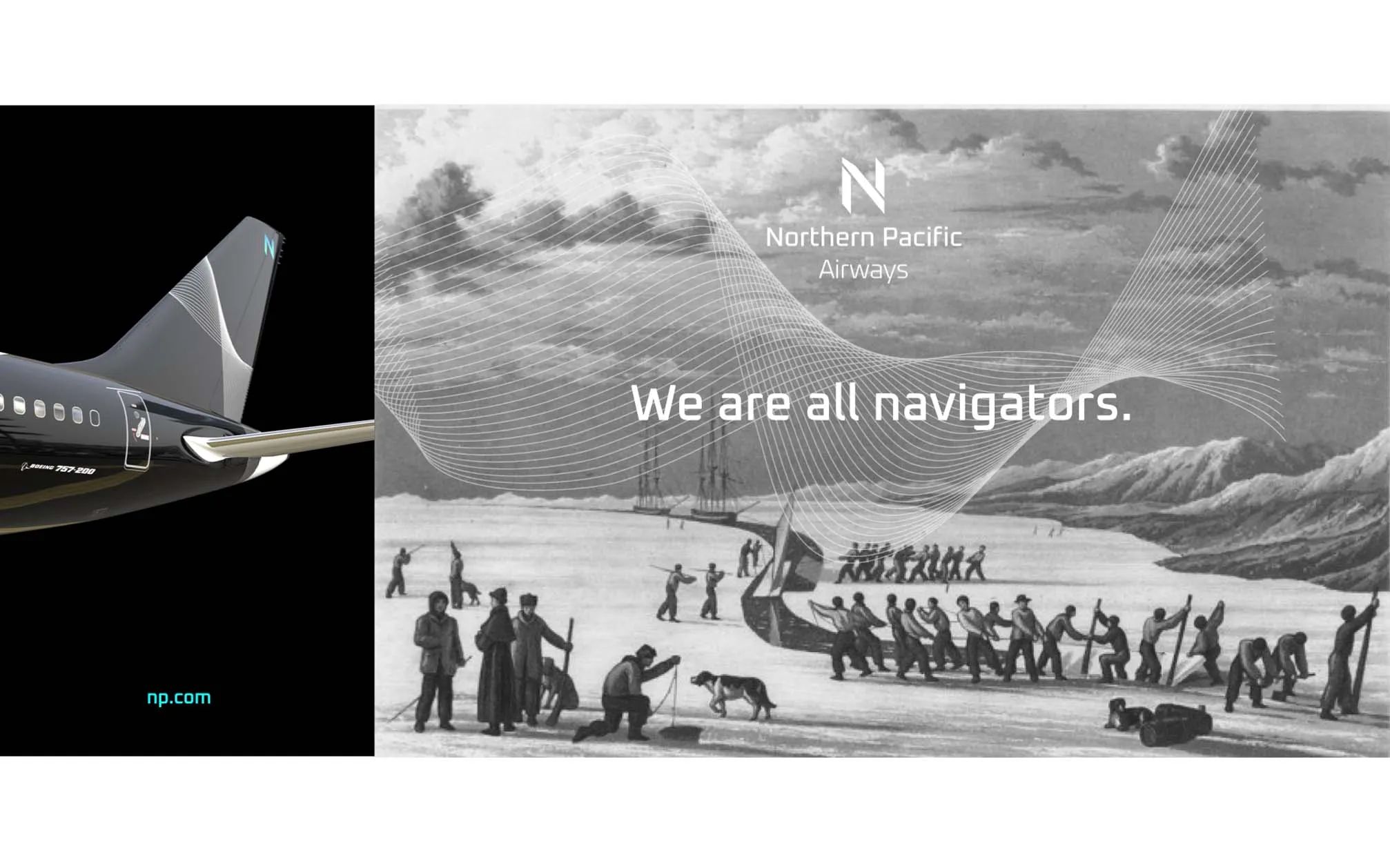 Northern Pacific Airways navigators advertisement design for targeted media Northern Pacific Airways Aircraft Livery design over the Alaska mountains curated by Edmond Huot