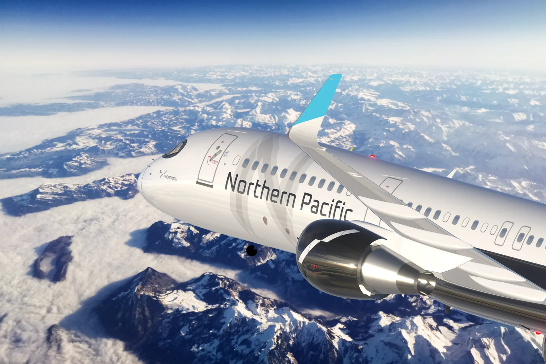 Northern Pacific Airways Aircraft Livery design over the Alaska mountains curated by Edmond Huot