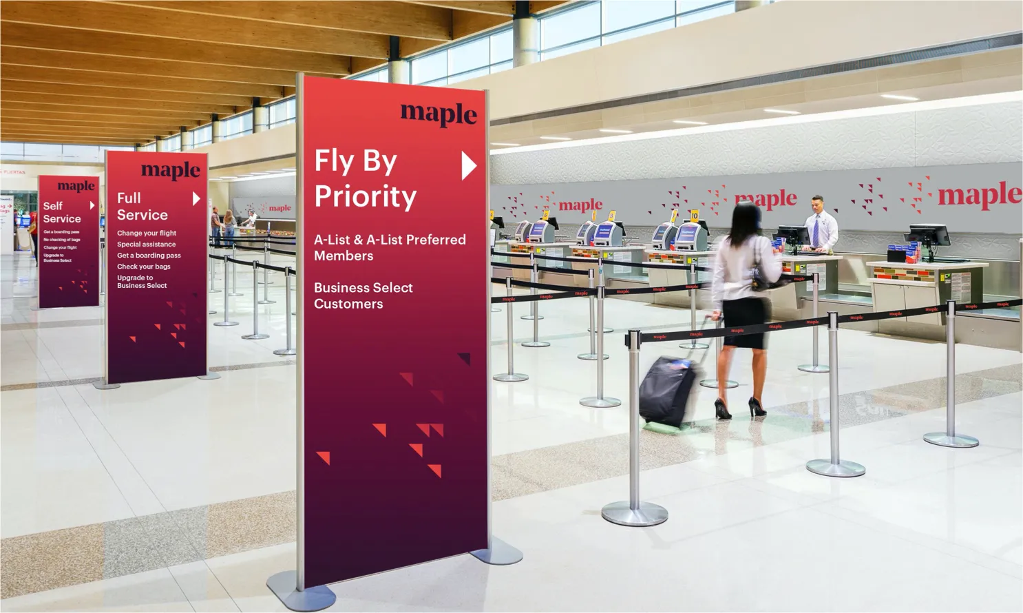 Maple check in signage on the interior departure airport design by Edmond Huot