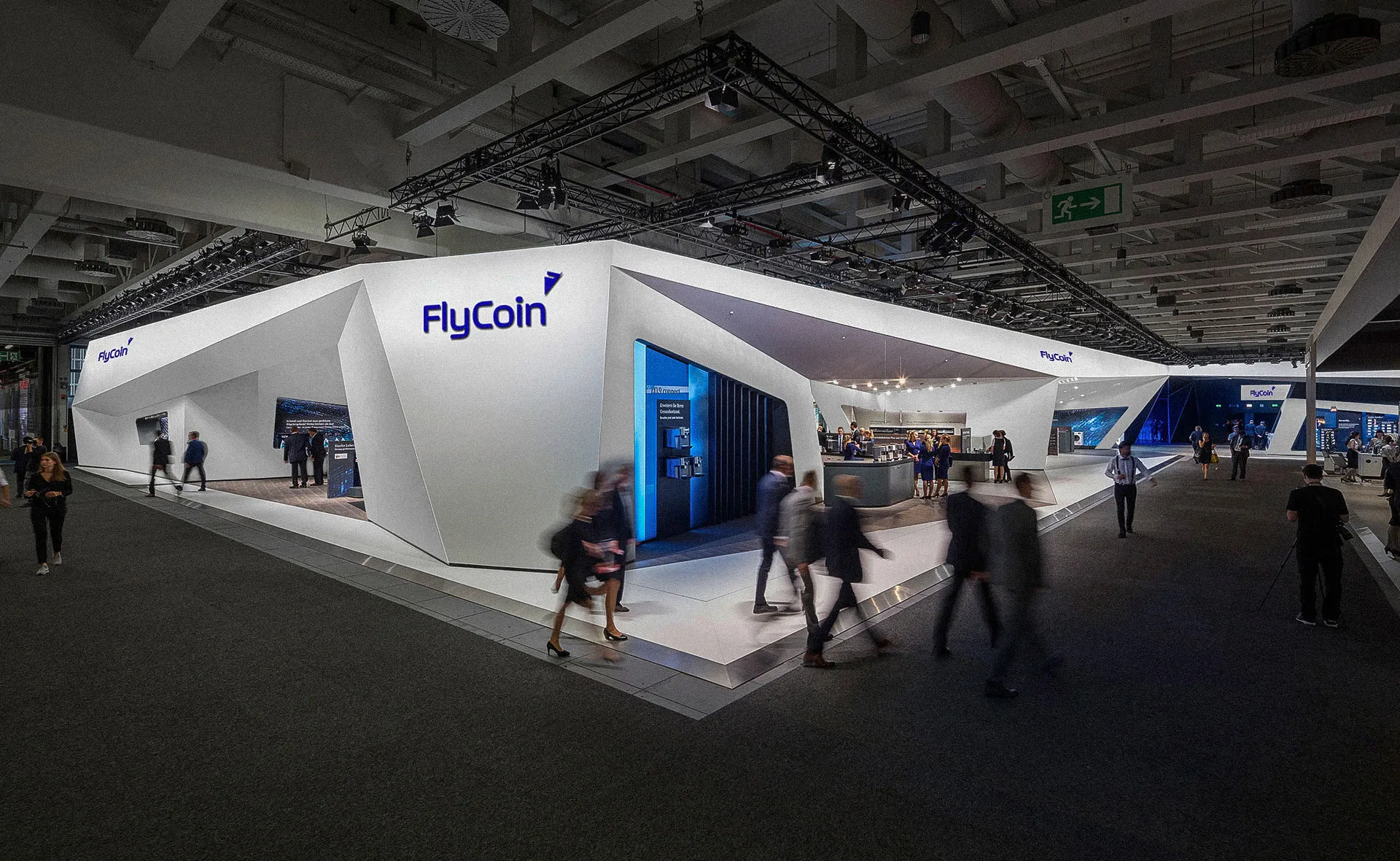 FlyCoin large social Event Space showcasing the brand mockup by Edmond Huot