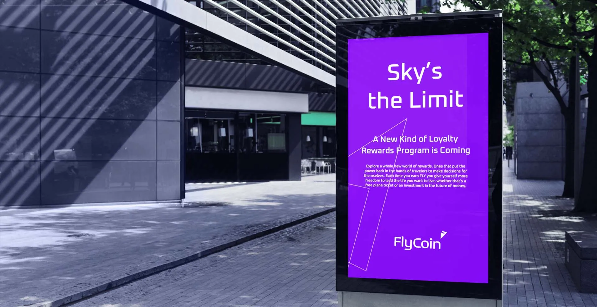 FlyCoin Outdoor Street Poster saying Sky is the limit" with purple background design by Edmond Huot