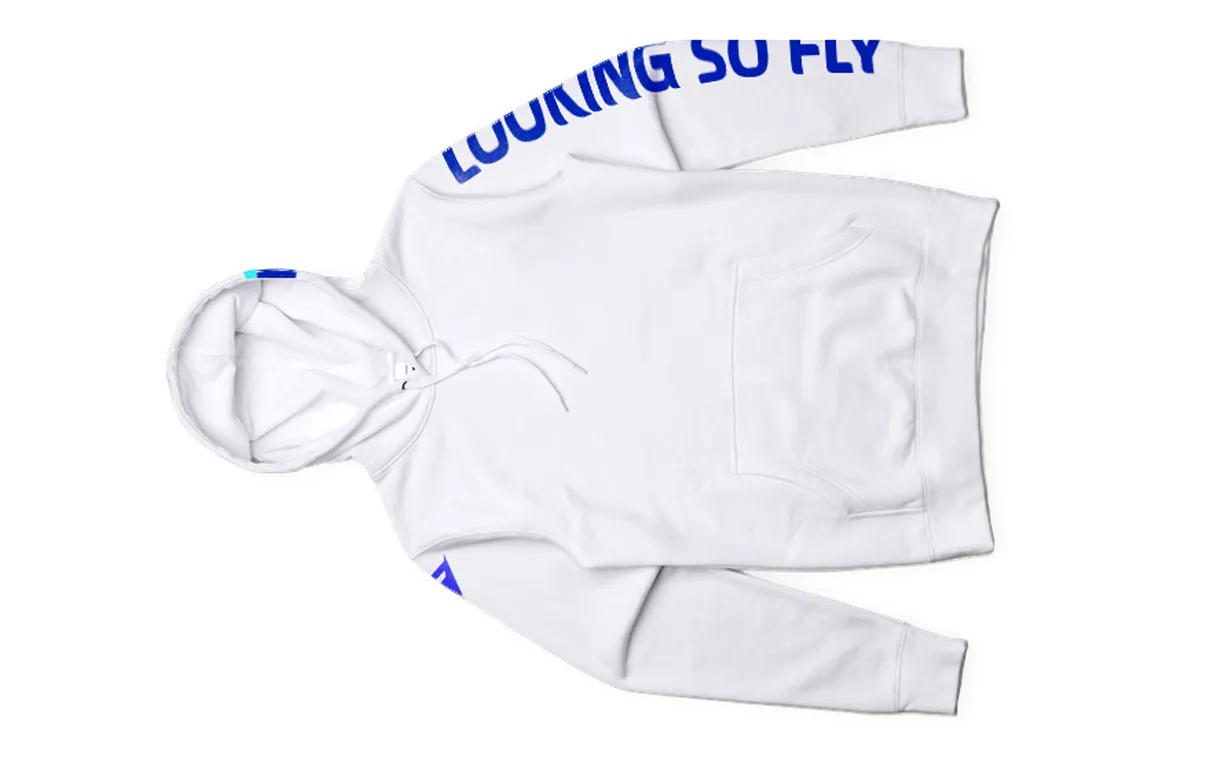 FlyCoin Swag White Sweater mockup with "looking so Fly" on the sleeve by Edmond Huot 